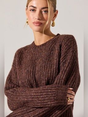 ASTR The Label Archer Crewneck Rib Knit Brown Multi Sweater L